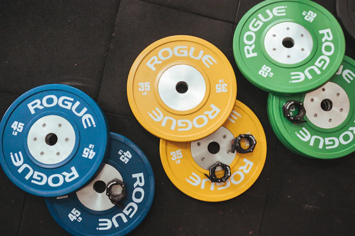 Colour-coded bumper plates stacked on a rack