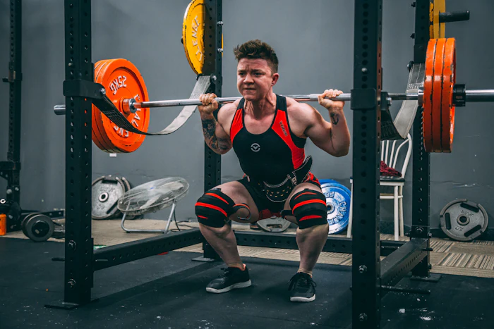 Member performing a front squat inside a power rack
